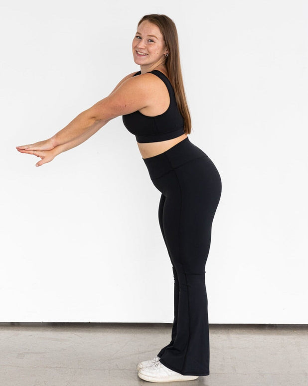  Womens 2 Piece Yoga Pants Ribbed Seamless Workout High Waist  Bell Bottoms Flare Leggings Black Darkgrey